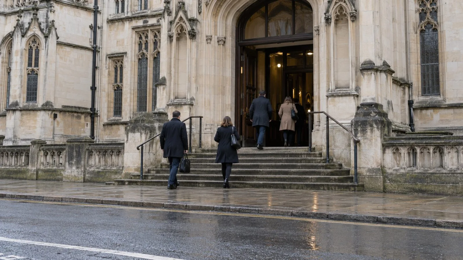 People enter Cambridge Crown Court in Cambridge, England, where the LNER train trial is underway. (AI-generated image / EconoTimes)
