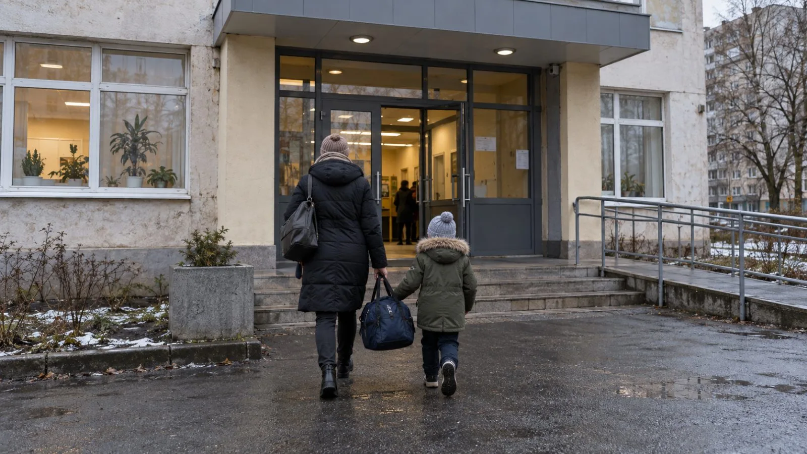 An adult and child approach a family support center in Kyiv, Ukraine. (AI-generated image / EconoTimes)