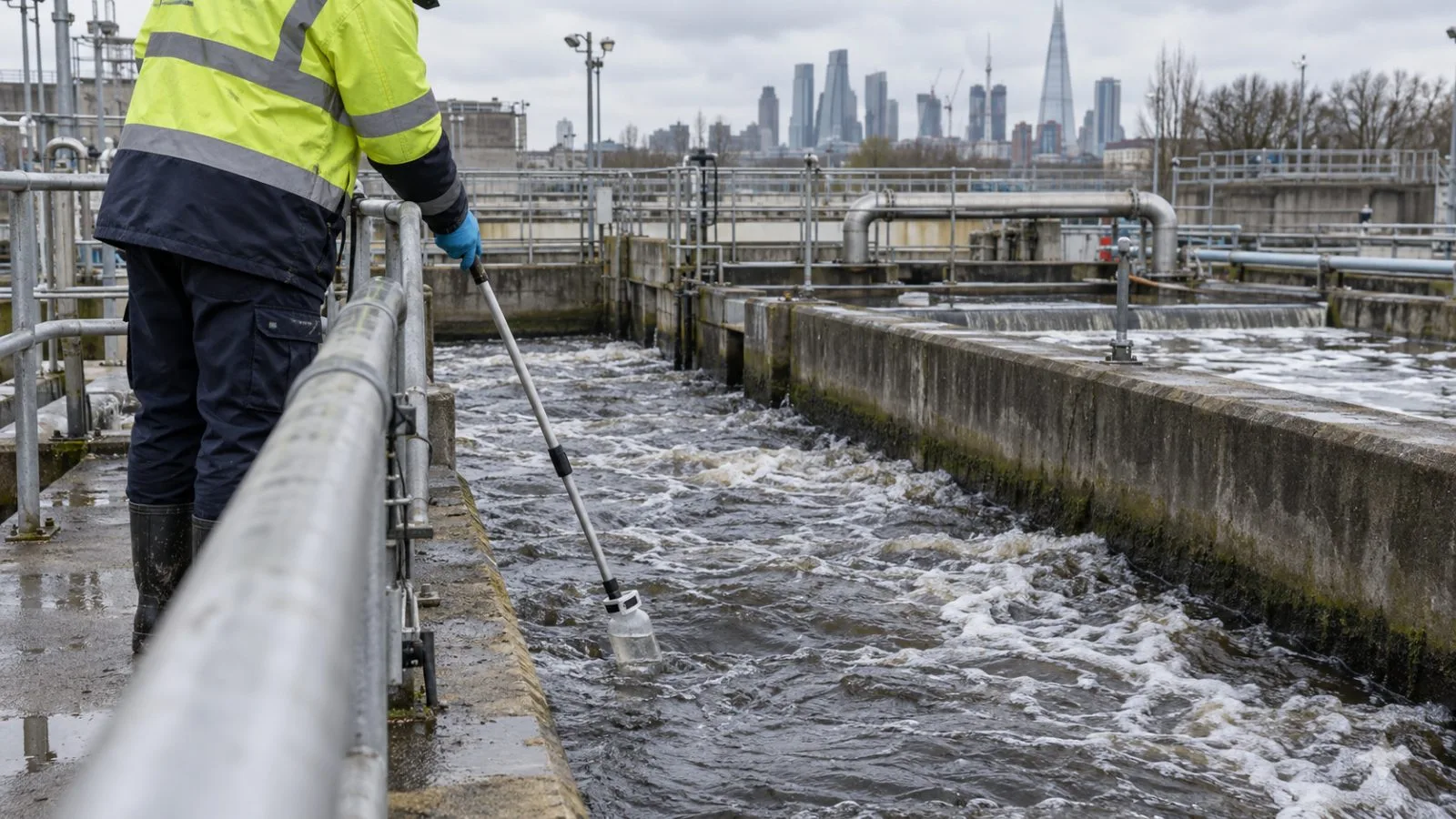 A technician collects a wastewater sample at a treatment works in London, England. (AI-generated image / EconoTimes)