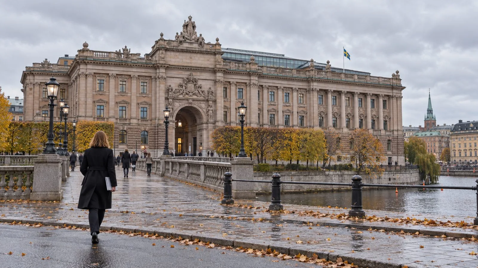 Pedestrians pass the Sveriges Riksbank headquarters in Stockholm, Sweden, under overcast skies. / EconoTimes.ai