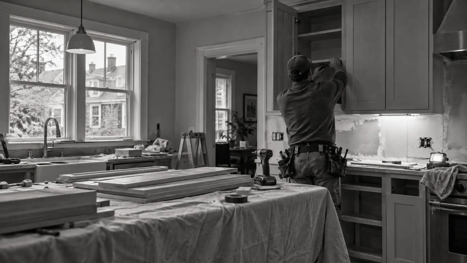 A carpenter fits a kitchen cabinet during a home renovation in Cambridge, Massachusetts. (AI-generated image / EconoTimes)