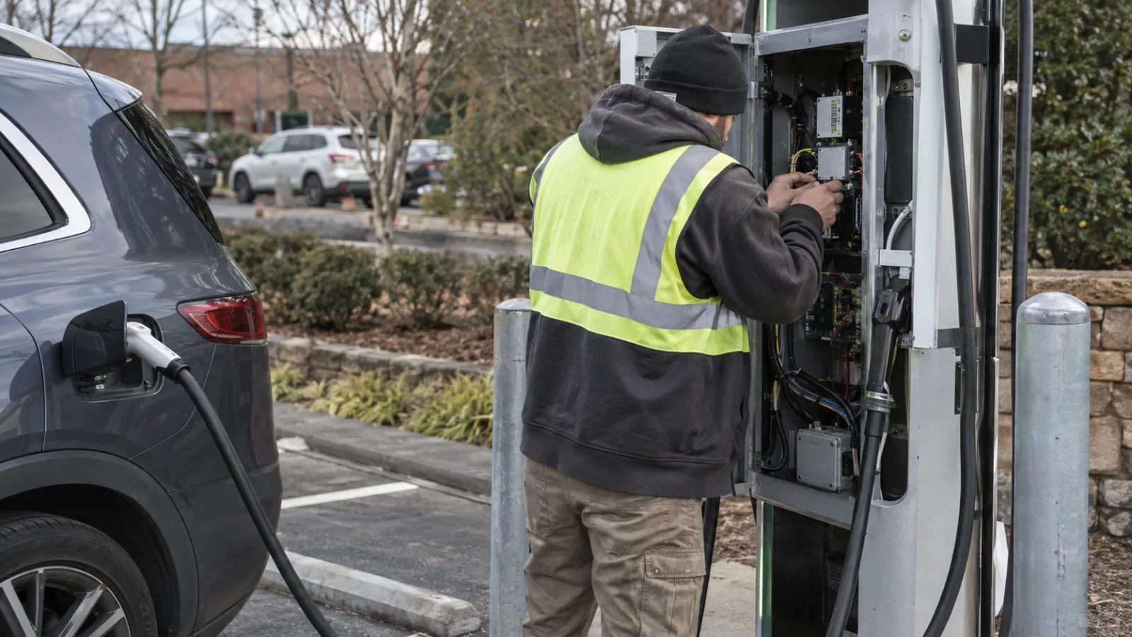 A technician checks an electric vehicle charger at a public site in Duluth, Georgia (AI-generated image / EconoTimes)