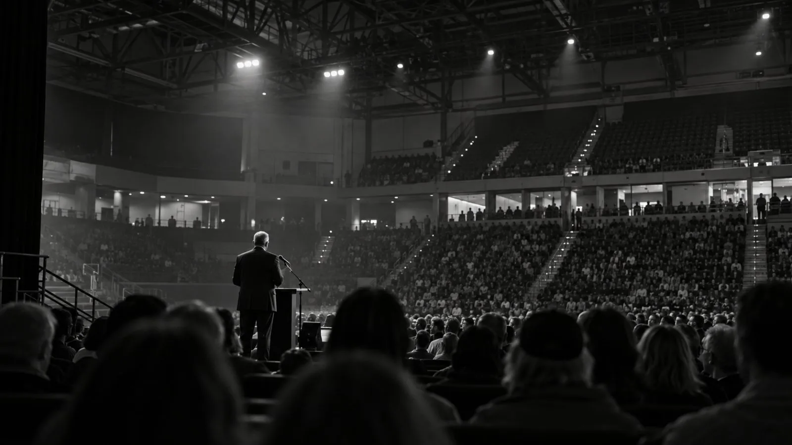 A campaign crowd gathers inside Crossroads Arena in Corinth, Mississippi, during an evening rally. (AI-generated image / EconoTimes)