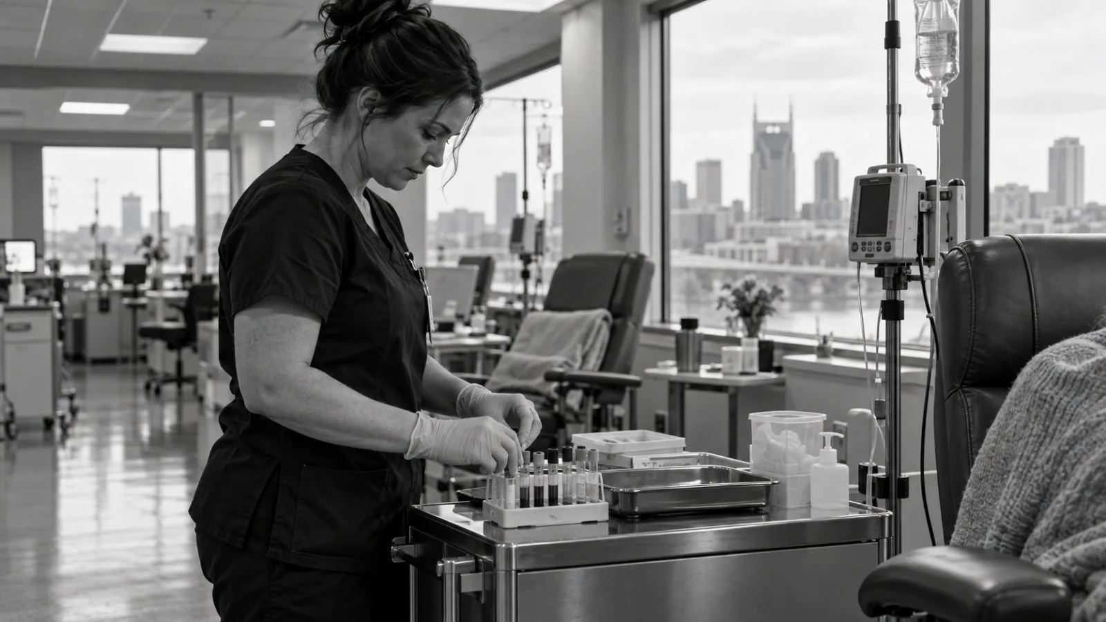 A research nurse organizes specimen tubes in a Nashville oncology clinic. (AI-generated image / EconoTimes)