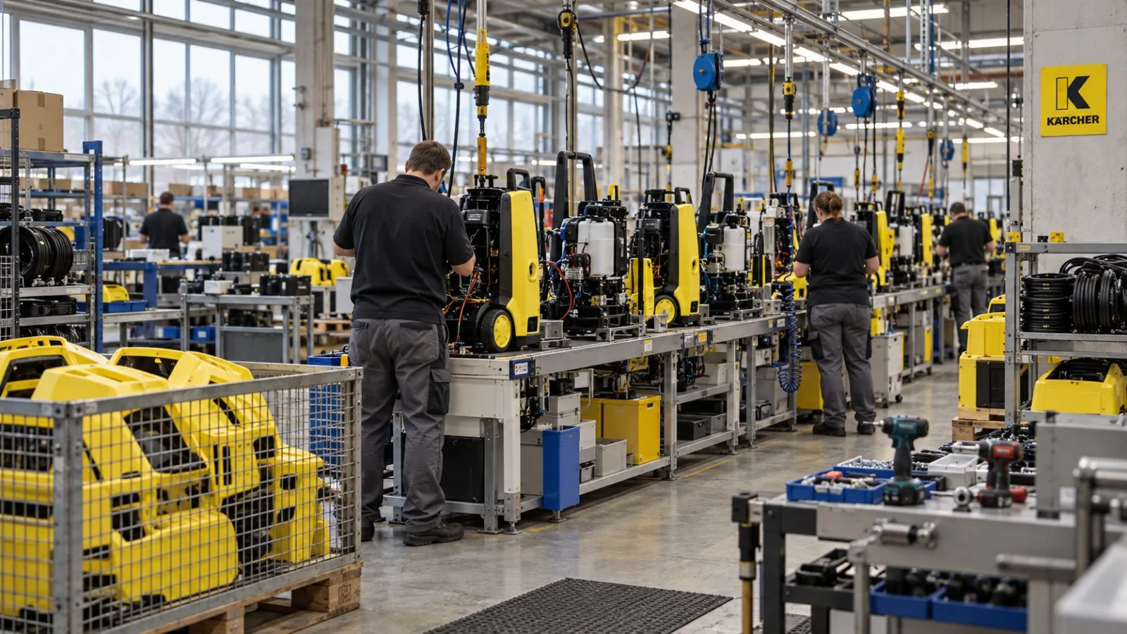 Workers monitor cleaning equipment on an assembly line inside a factory in Winnenden, Germany. / EconoTimes.ai