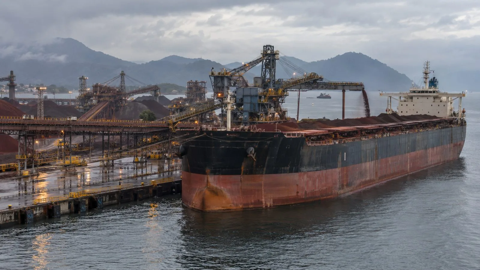 A bulk carrier sits beside ore-handling equipment at the Port of Itaguaí, Brazil. (AI-generated image / EconoTimes)