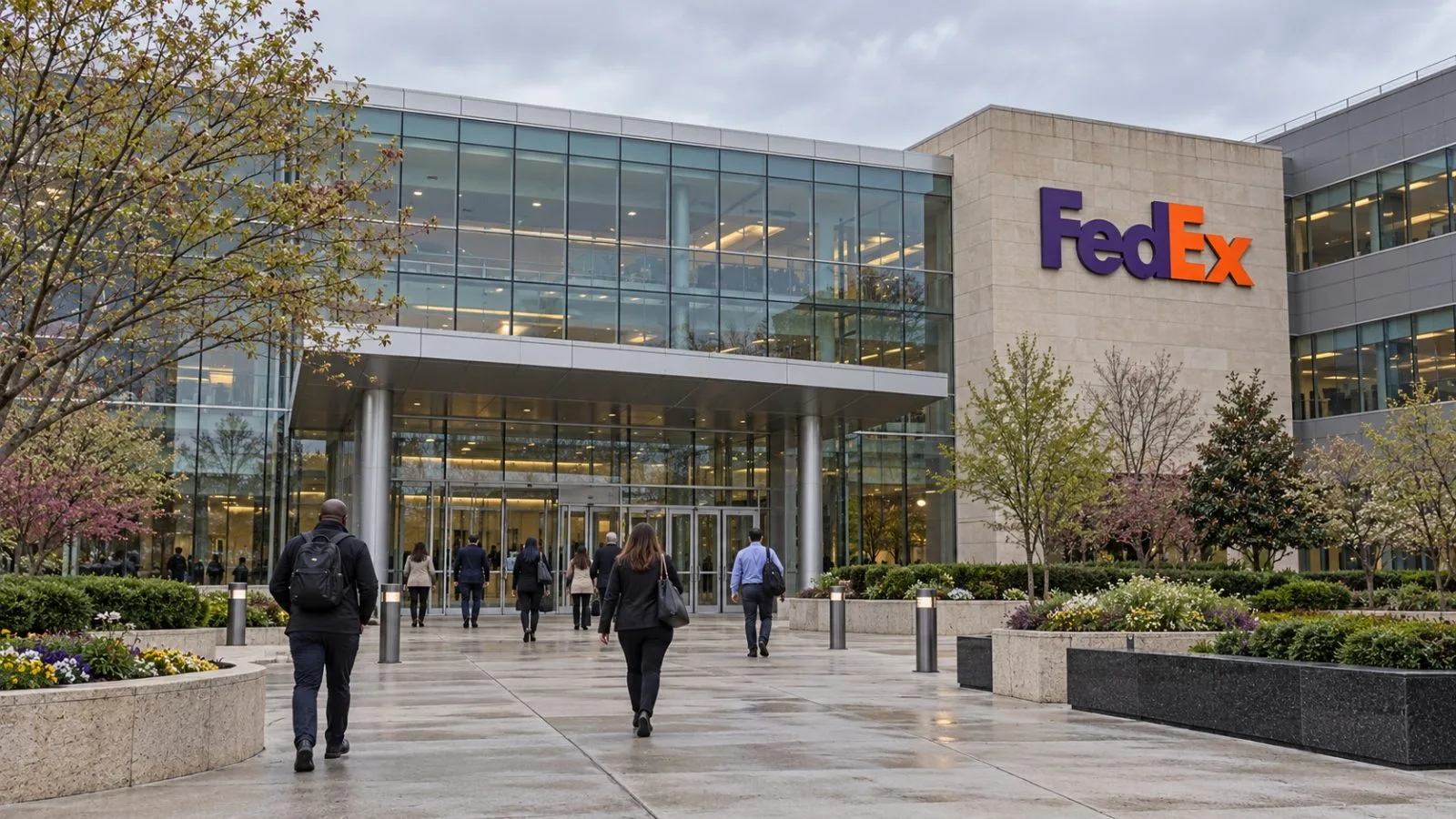 Employees walk toward the FedEx headquarters building in Memphis, Tennessee, on an overcast morning. / EconoTimes.ai