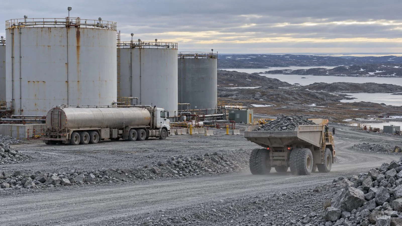A fuel truck stands beside diesel storage tanks at a mine near Rankin Inlet, Nunavut. (AI-generated image / EconoTimes)