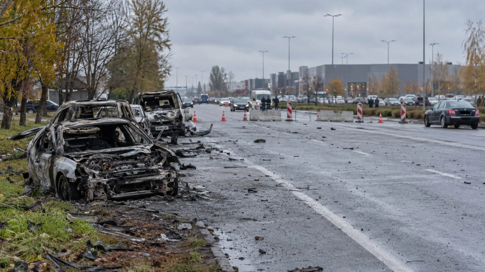 Burned vehicles sit beside a closed road near a shopping center in Chabany, Ukraine. (AI-generated image / EconoTimes)