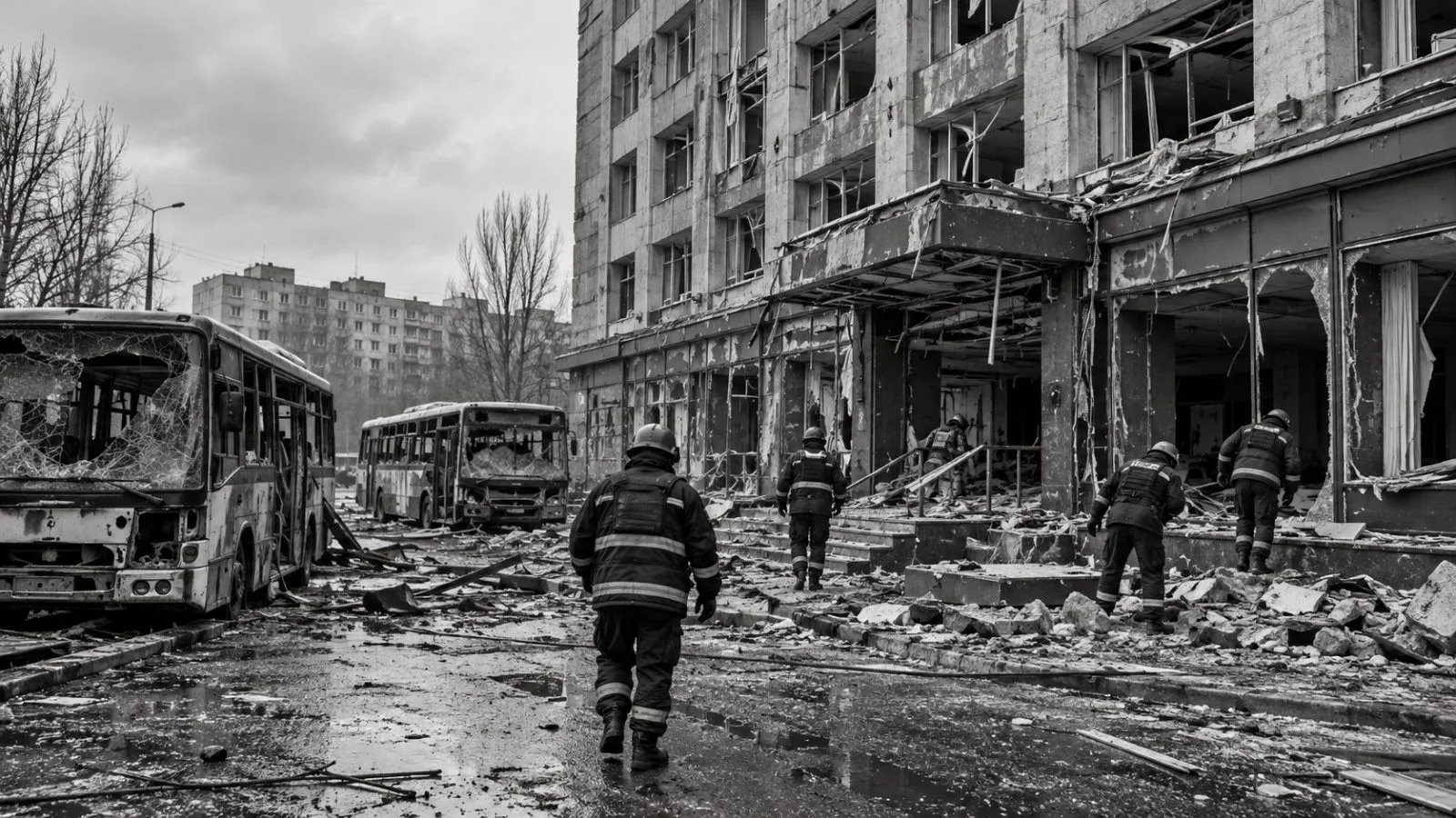 Rescuers search near damaged buses and a hotel in Zaporizhzhia, Ukraine. (AI-generated image / EconoTimes)