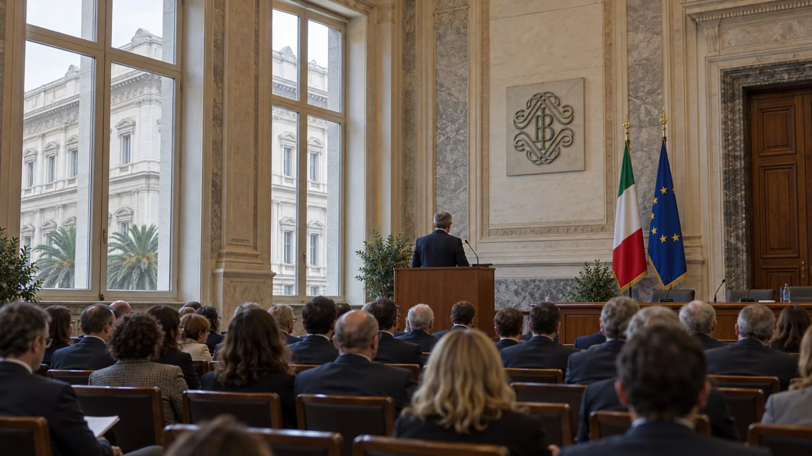 Attendees listen to a banking policy speech in a conference room in Milan, Italy. / EconoTimes.ai