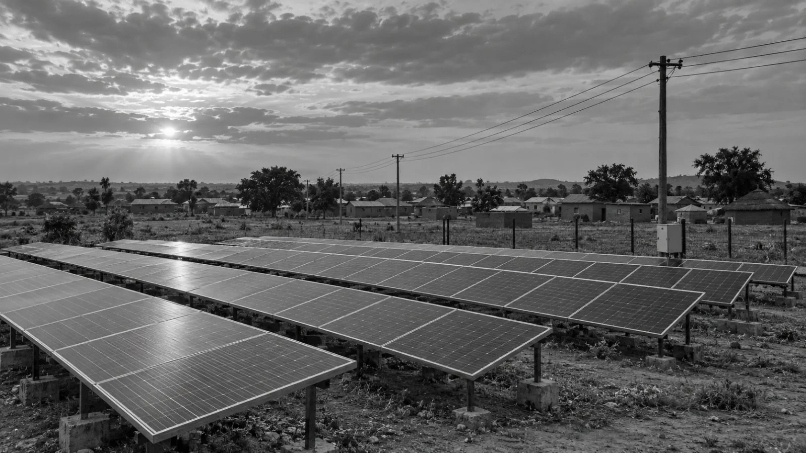 Solar panels and distribution poles stand beside the rural community of Tallasse in Gombe State, Nigeria. (AI-generated image / EconoTimes)