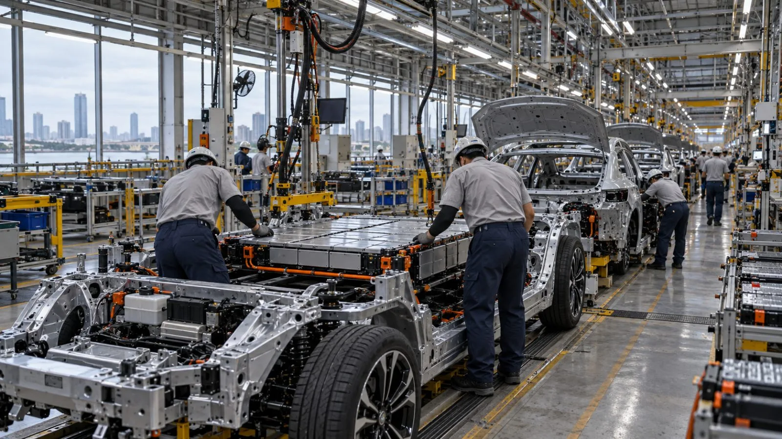 Workers fit battery modules into electric vehicles on an assembly line in Bangkok, Thailand. (AI-generated image / EconoTimes)