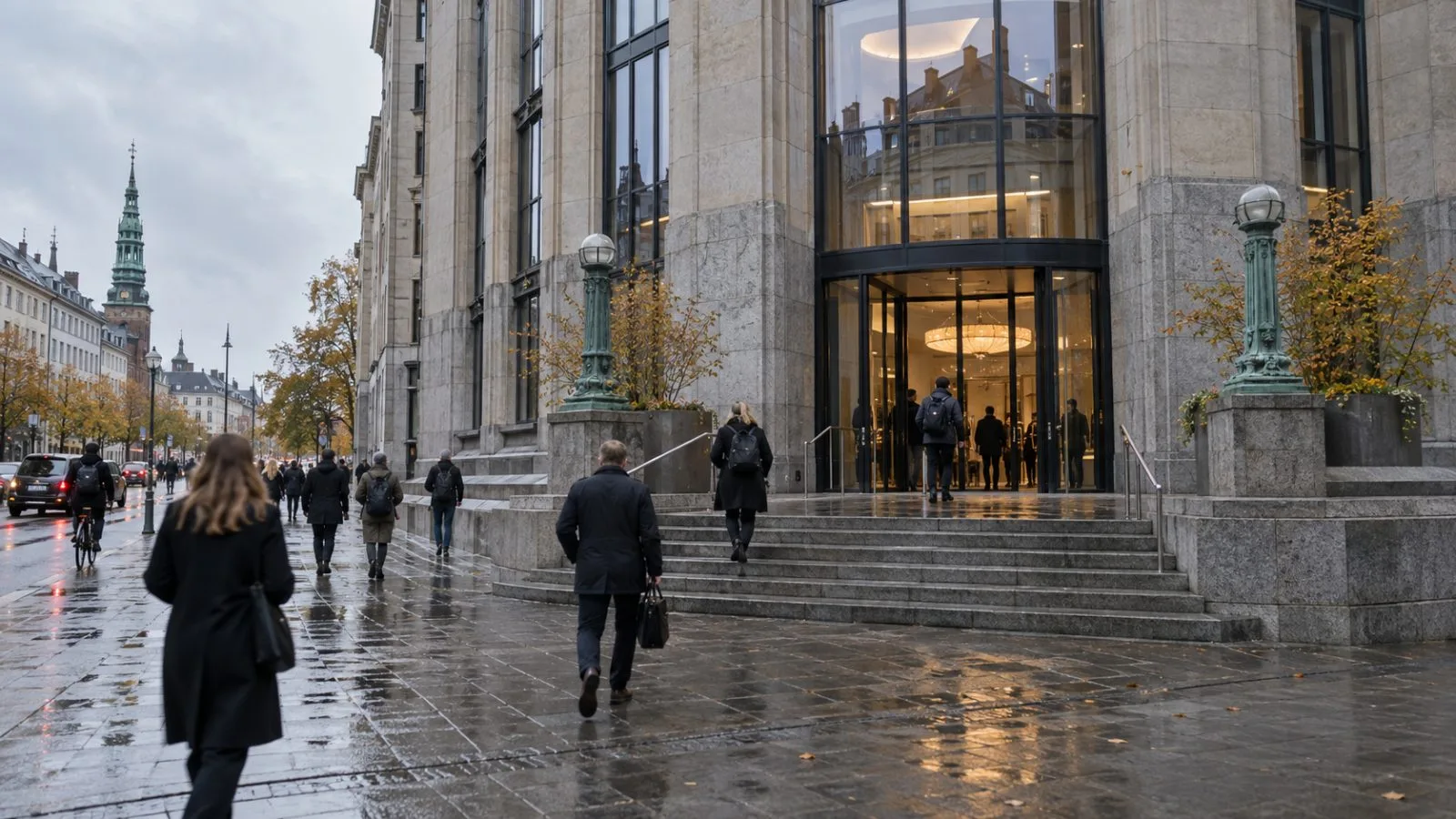 Pedestrians pass a bank entrance in Copenhagen on an overcast morning. (AI-generated image / EconoTimes)
