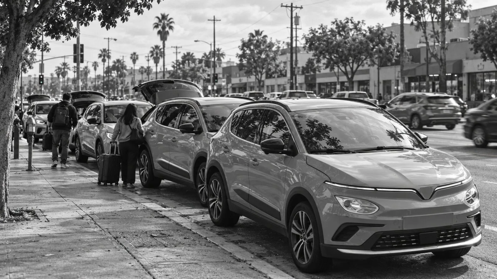Electric SUVs wait along a curb in Los Angeles under morning light. / EconoTimes.ai