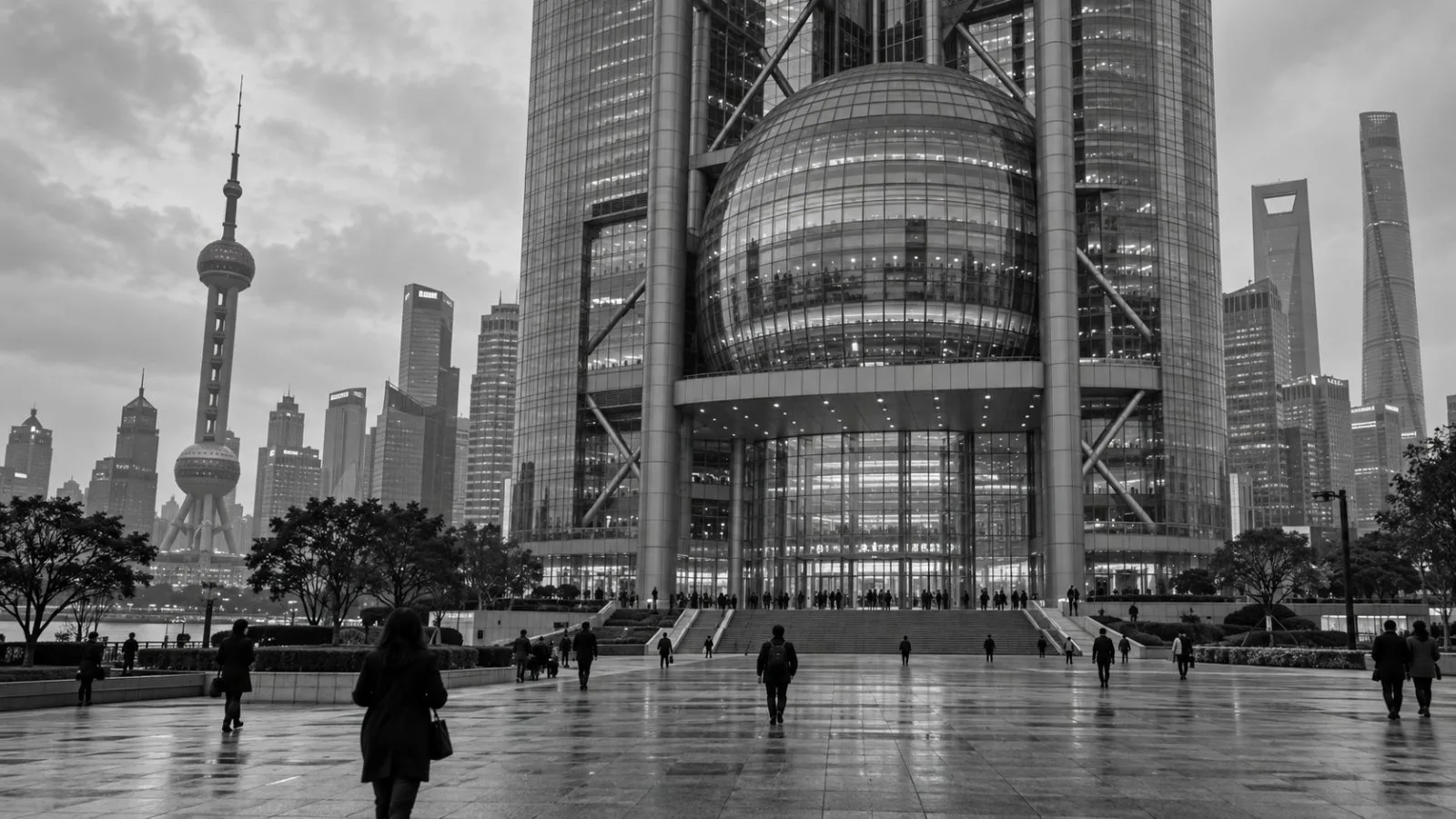 Pedestrians cross the plaza outside the Shanghai Stock Exchange in Pudong, Shanghai, beneath an overcast sky. (AI-generated image / EconoTimes)