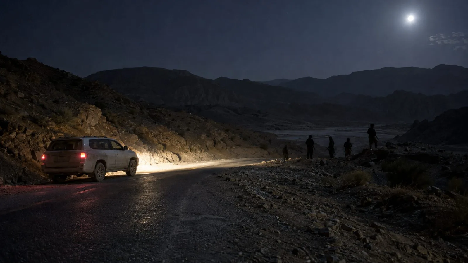 A vehicle’s headlights illuminate the Khuzdar–Kalat road in Balochistan, Pakistan, after dark. (AI-generated image / EconoTimes)