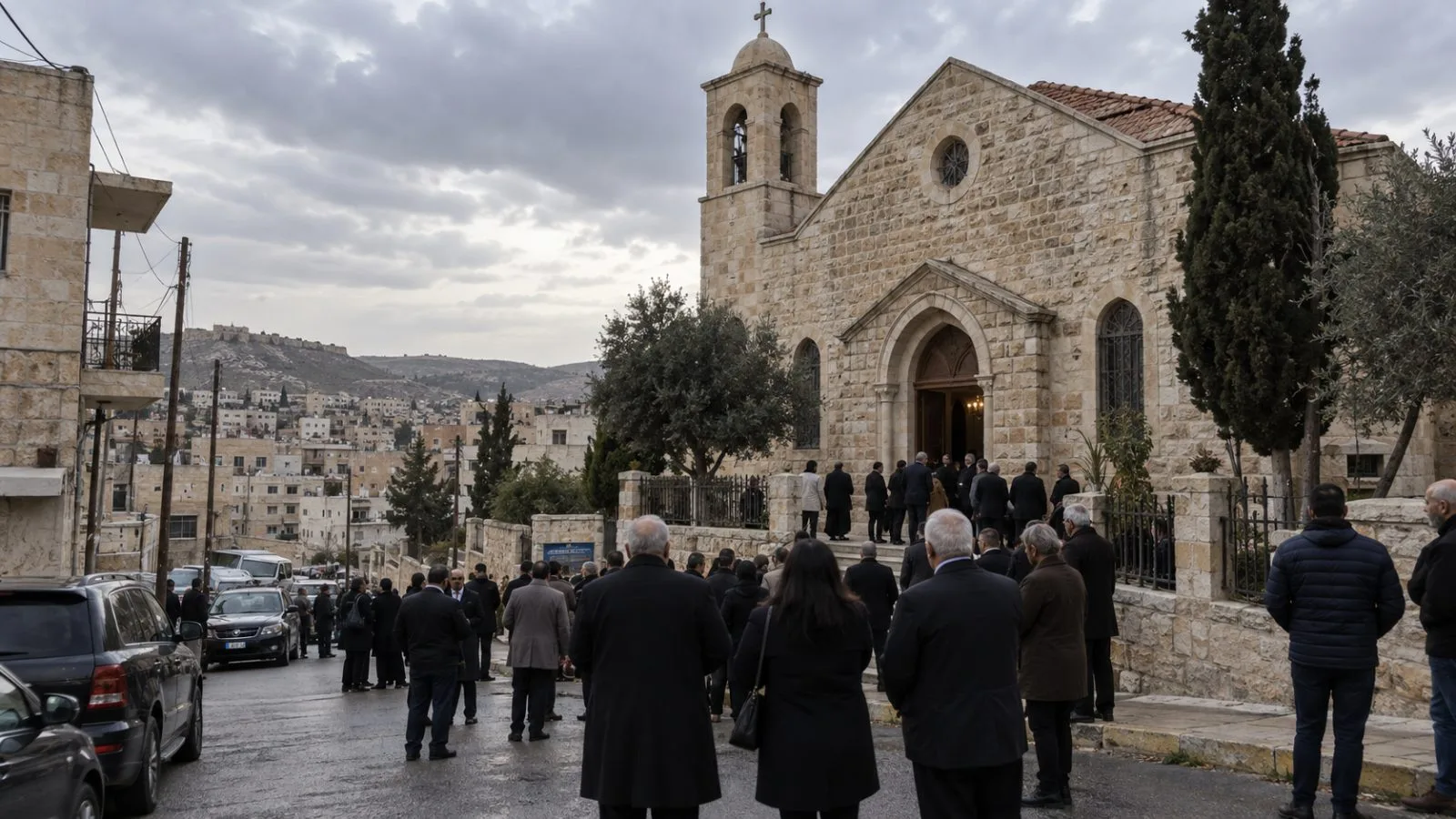 Mourners gather outside Hammoud Church in Karak, Jordan, after a funeral service. (AI-generated image / EconoTimes)