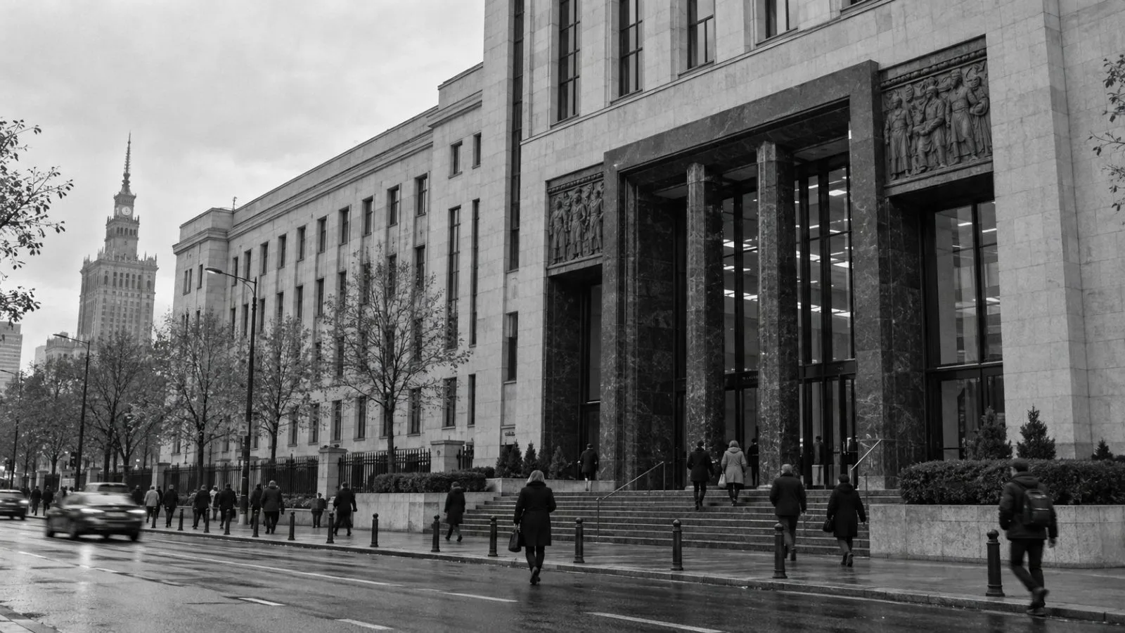 The National Bank of Poland headquarters stands along a Warsaw street on an overcast autumn morning. / EconoTimes.ai (mono)