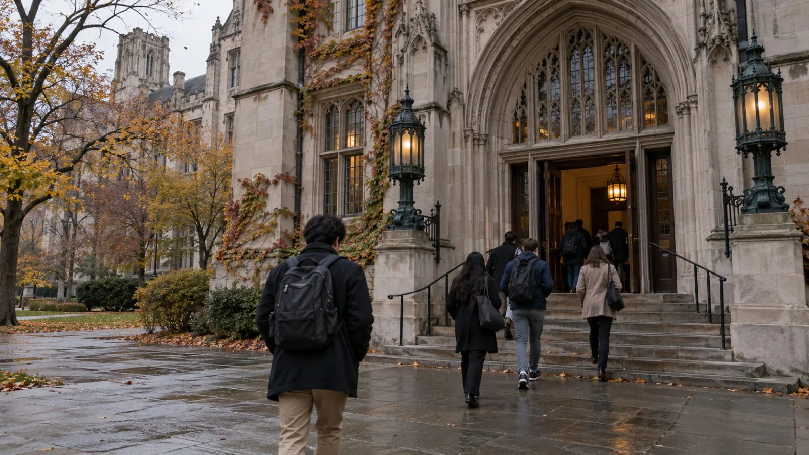 Attendees enter a University of Chicago campus building in Chicago. (AI-generated image / EconoTimes)