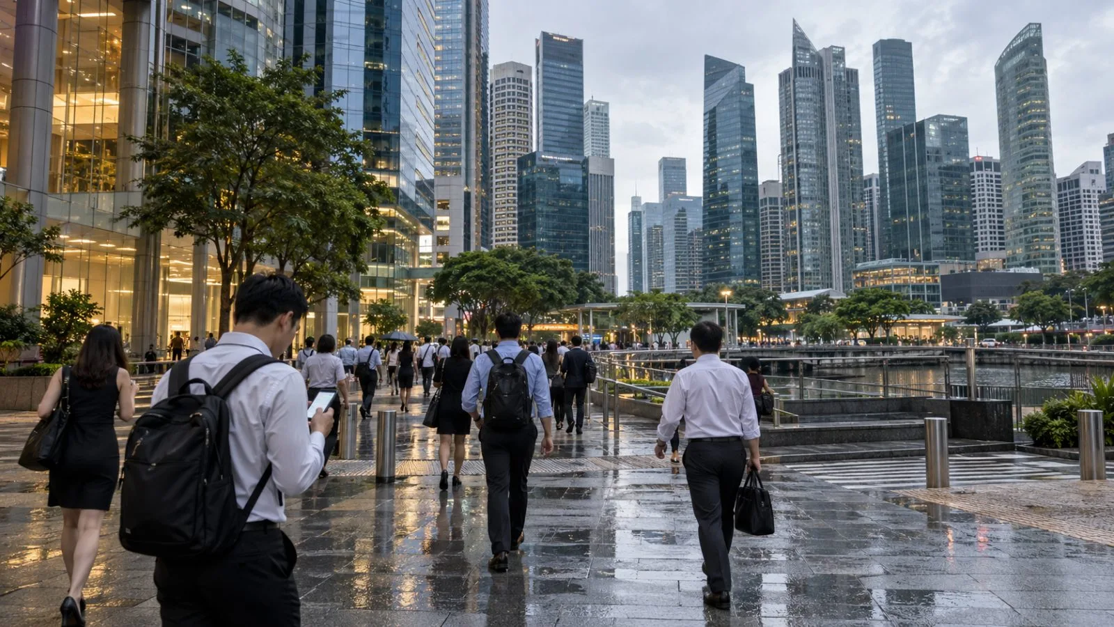 A commuter checks a phone near Raffles Place in Singapore after morning rain (AI-generated image / EconoTimes)