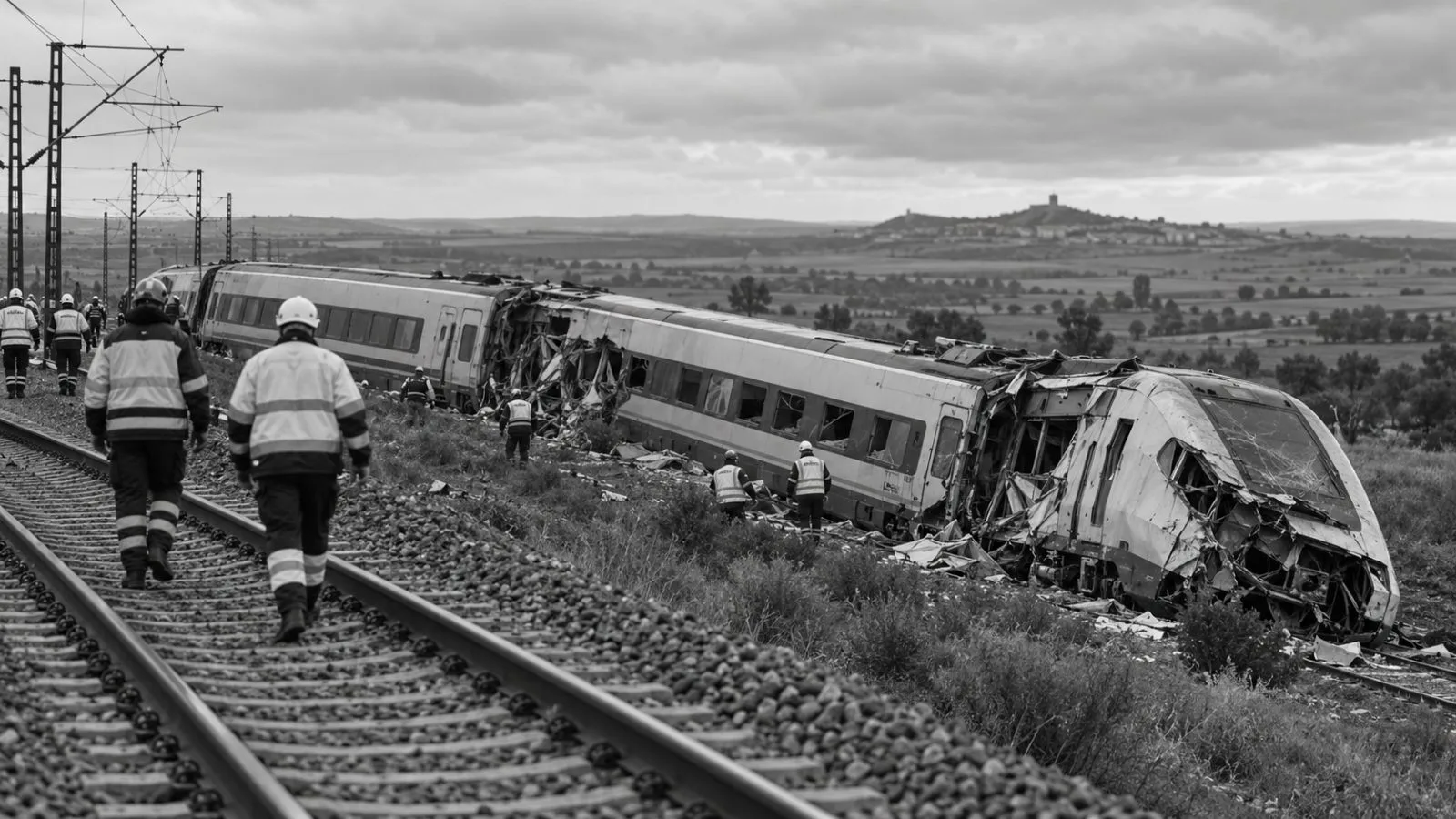 Emergency crews inspect the high-speed rail line near Urda in Spain’s Toledo province. (AI-generated image / EconoTimes)