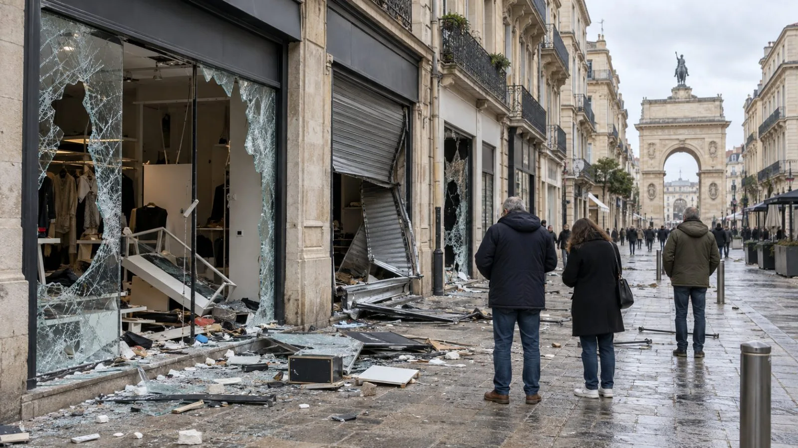 Damaged storefronts line a shopping street in Montpellier, France, on an overcast morning. (AI-generated image / EconoTimes)