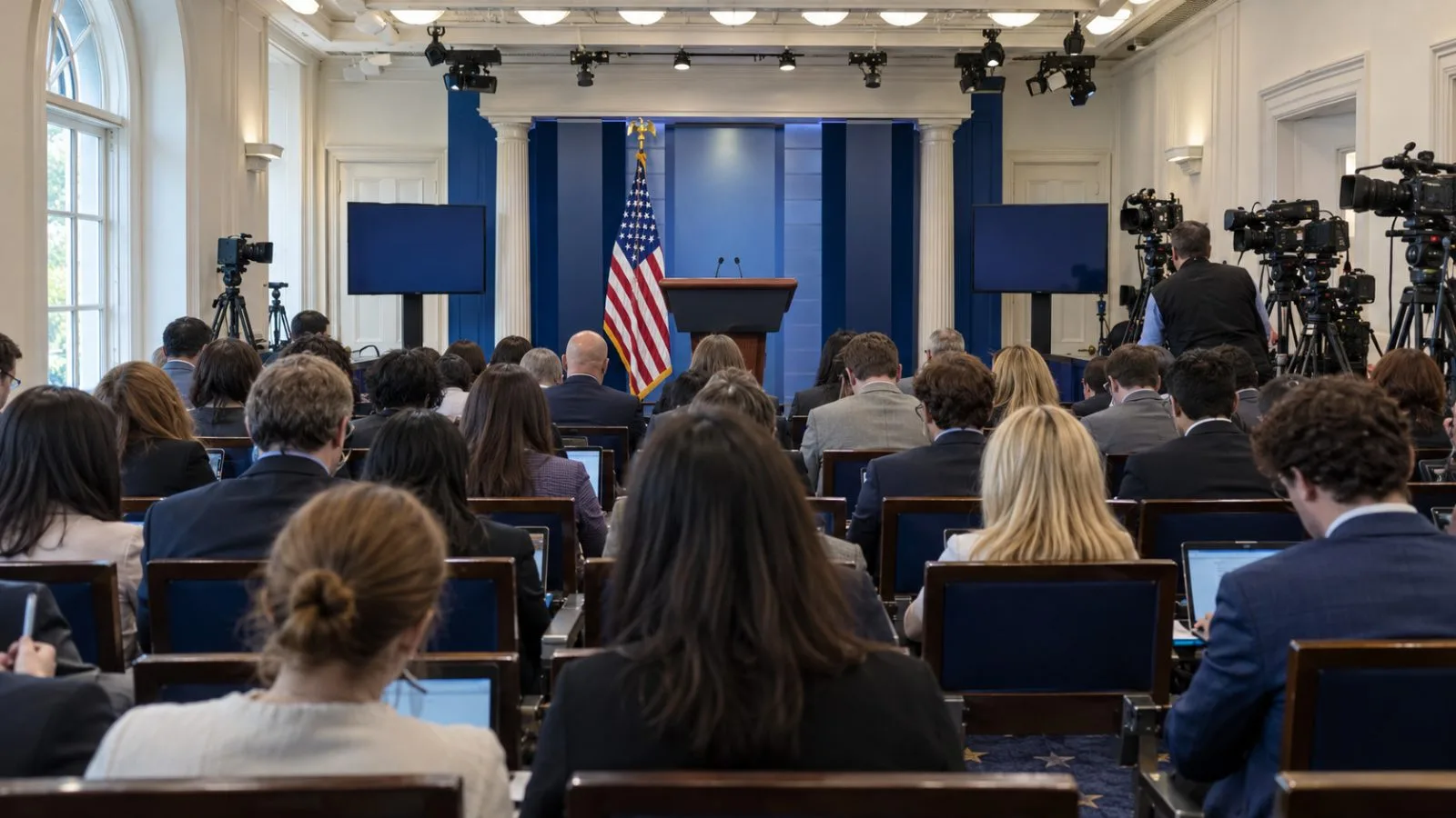 Journalists face the lectern in the White House briefing room in Washington, D.C. (AI-generated image / EconoTimes)