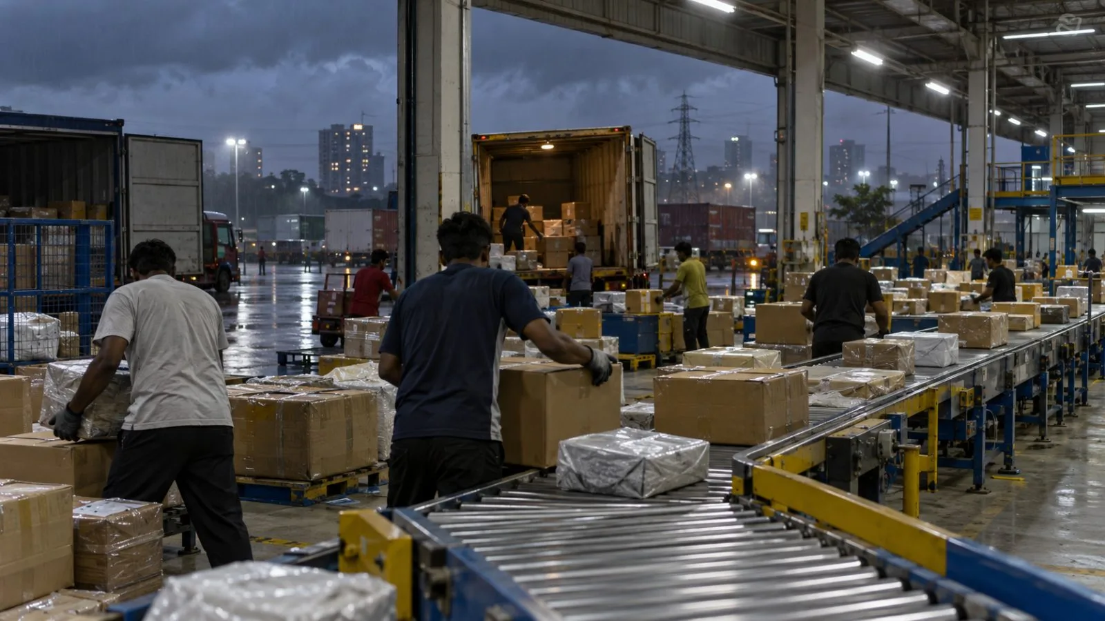 Workers move parcels along a conveyor at a logistics facility in Gurugram, India (AI-generated image / EconoTimes)