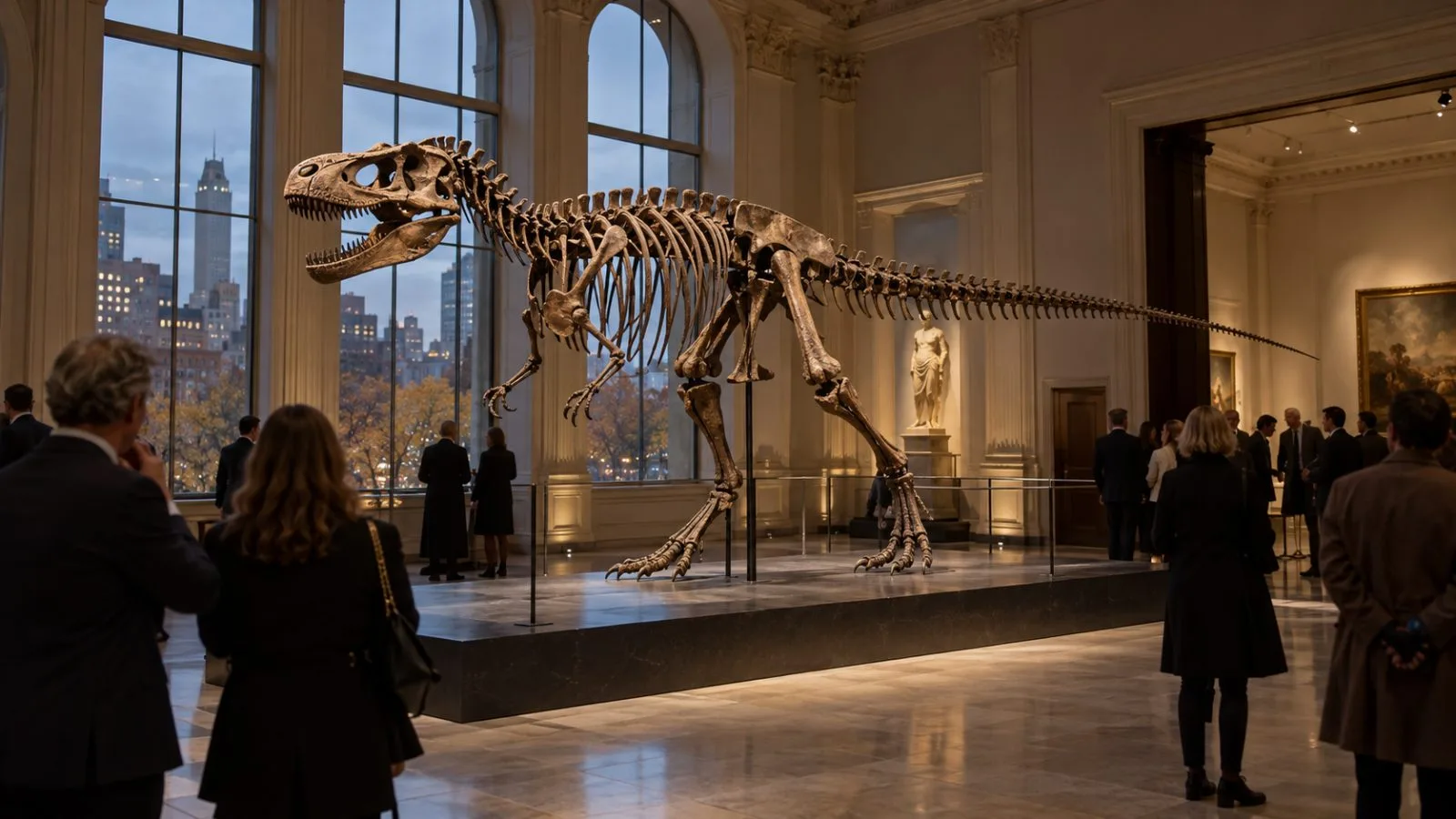 A mounted Nanotyrannus skeleton stands in an auction gallery in New York. (AI-generated image / EconoTimes)
