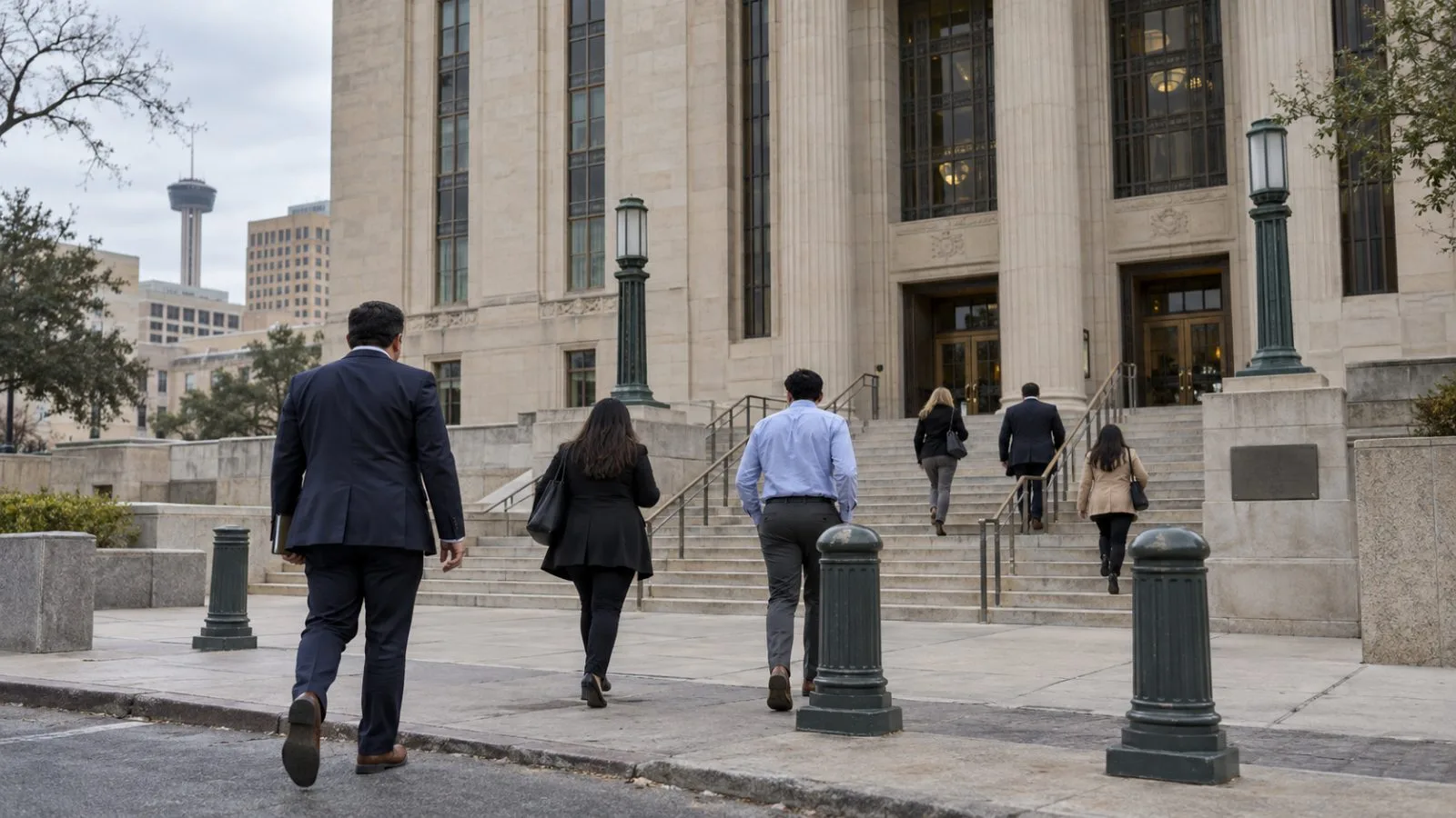 People walk toward a federal courthouse in San Antonio, Texas, under overcast skies. (AI-generated image / EconoTimes)