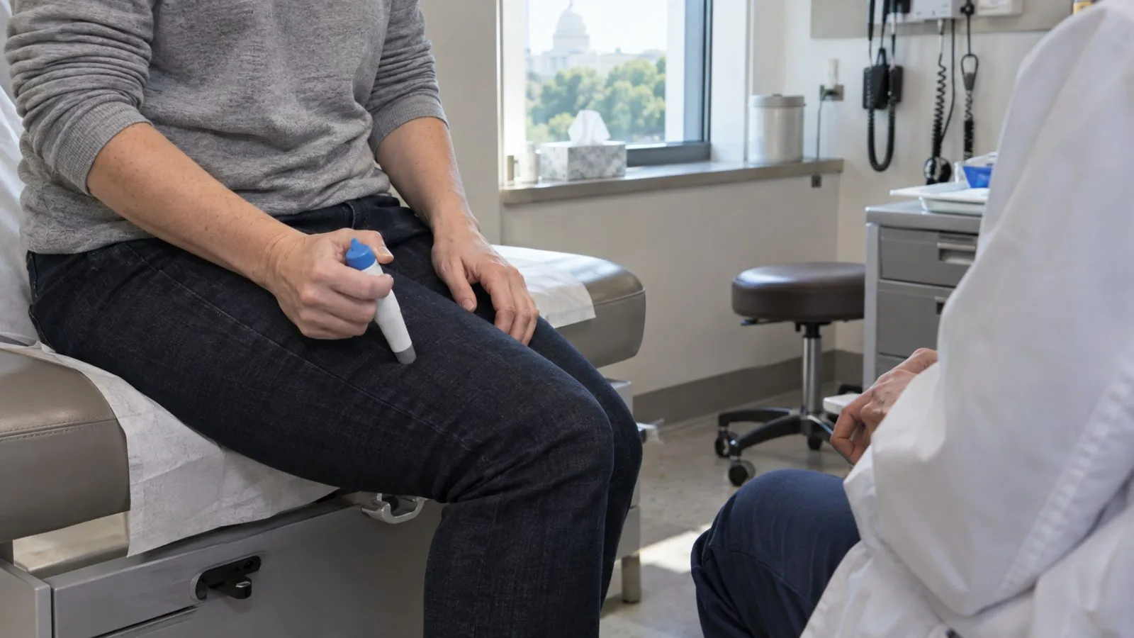A patient prepares a daily autoinjector in a neurology clinic in Washington, D.C. (AI-generated image / EconoTimes)