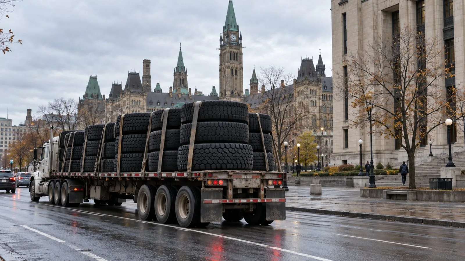 A freight truck carrying commercial tires passes federal offices in Ottawa, Canada. (AI-generated image / EconoTimes)