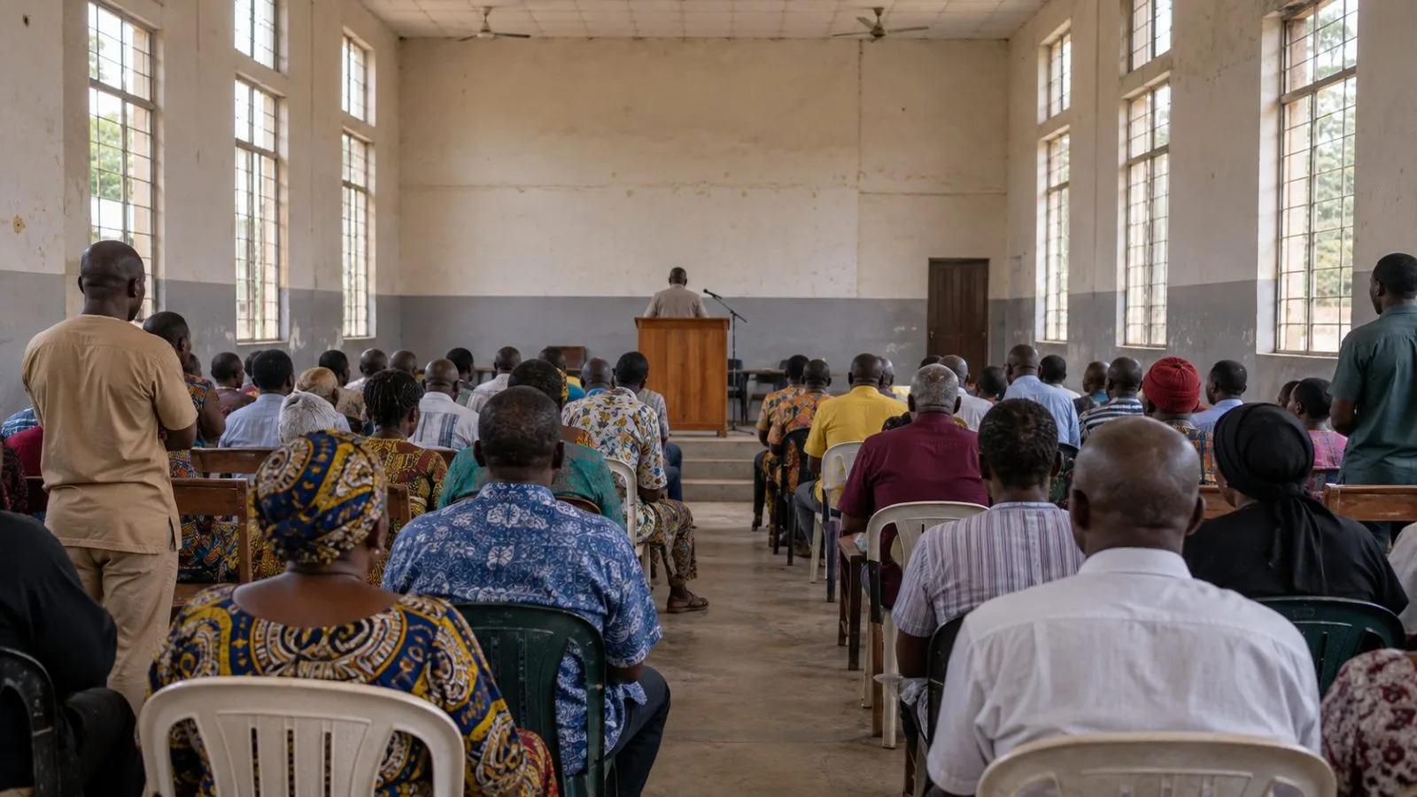Attendees face a lectern during a political town hall in Enugu, Nigeria. (AI-generated image / EconoTimes)