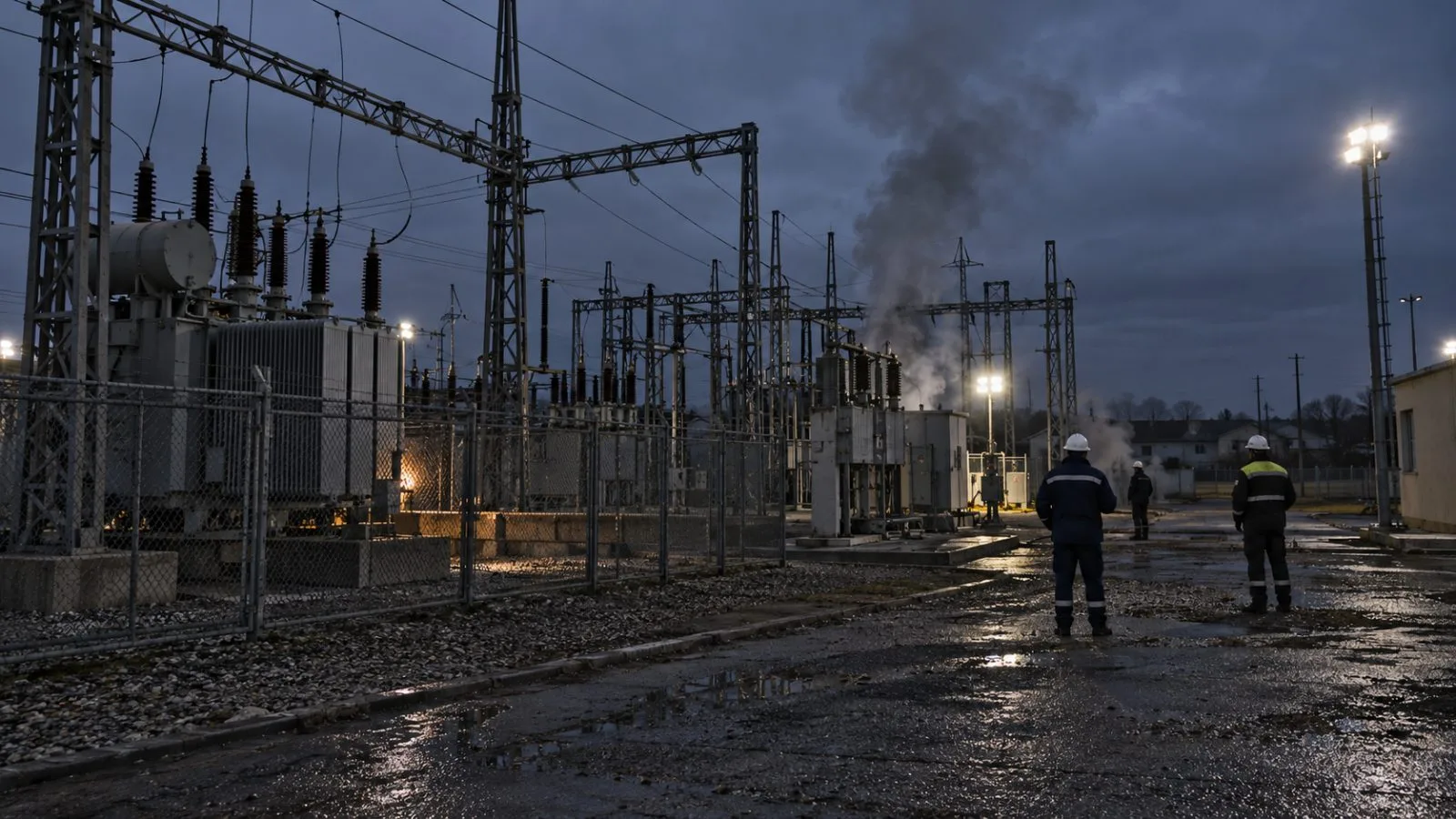Utility workers assess a substation in Bely, Krasnodar Krai, after an overnight fire (AI-generated image / EconoTimes)