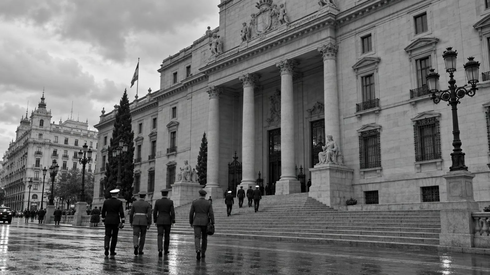 Uniformed service members walk toward Spain’s Defence Ministry in Madrid. (AI-generated image / EconoTimes)