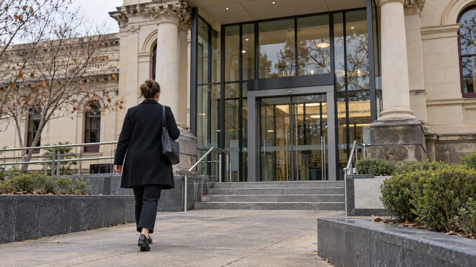 A court visitor approaches Wangaratta Magistrates’ Court in Wangaratta, Australia, on an overcast day. (AI-generated image / EconoTimes)