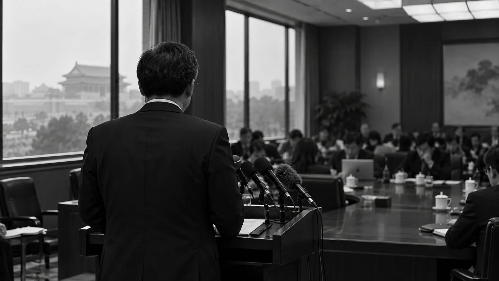 Journalists face a lectern during a diplomatic speech in Beijing. (AI-generated image / EconoTimes)