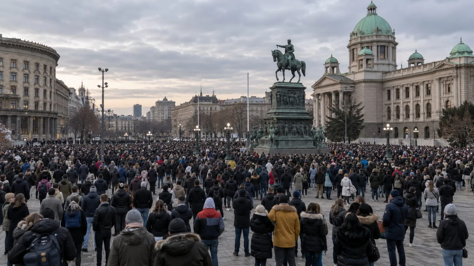 Demonstrators gather in a central Belgrade square during a student-backed rally in Serbia. (AI-generated image / EconoTimes)