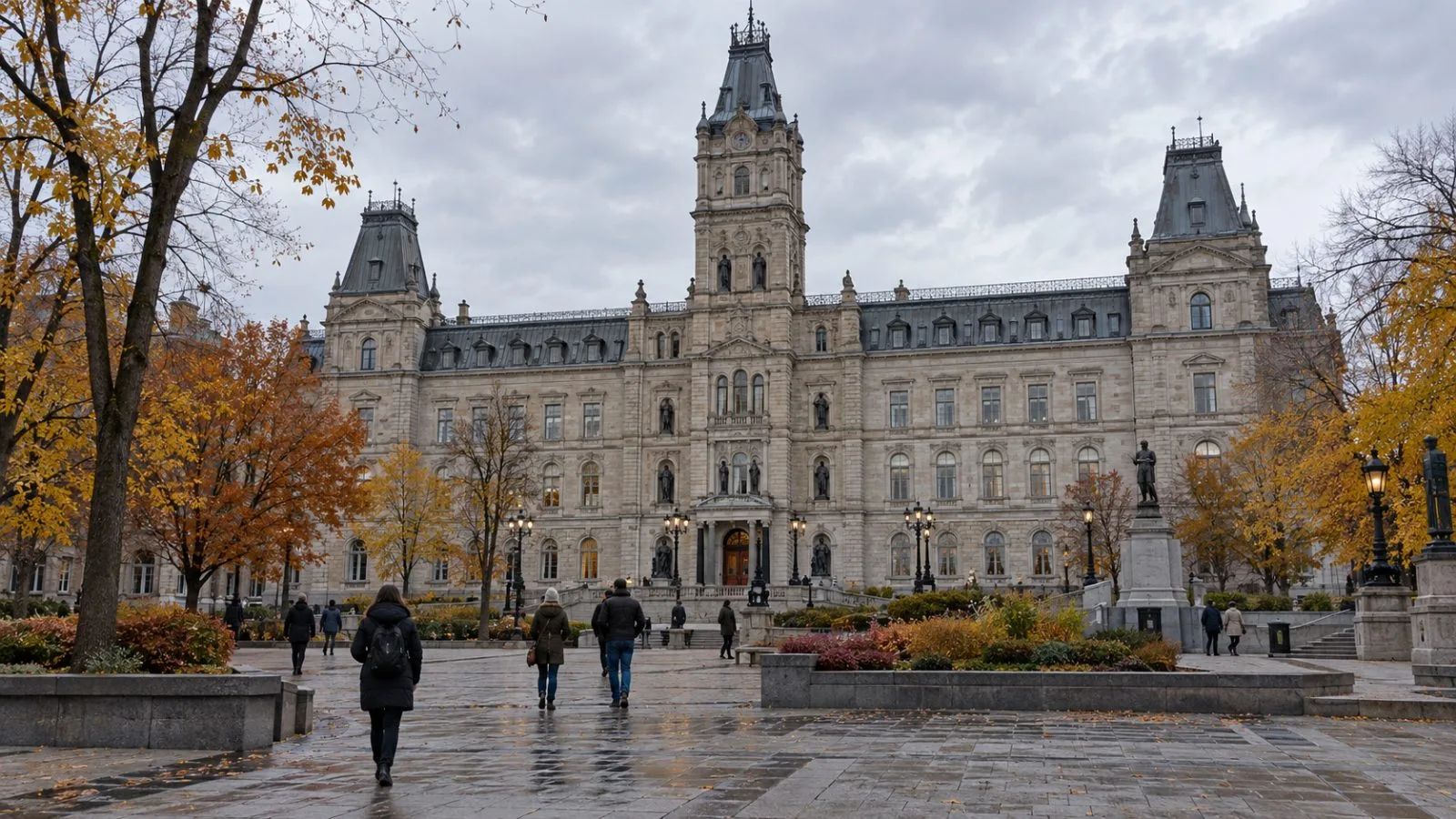 Pedestrians pass the National Assembly of Quebec in Quebec City beneath an overcast autumn sky. (AI-generated image / EconoTimes)