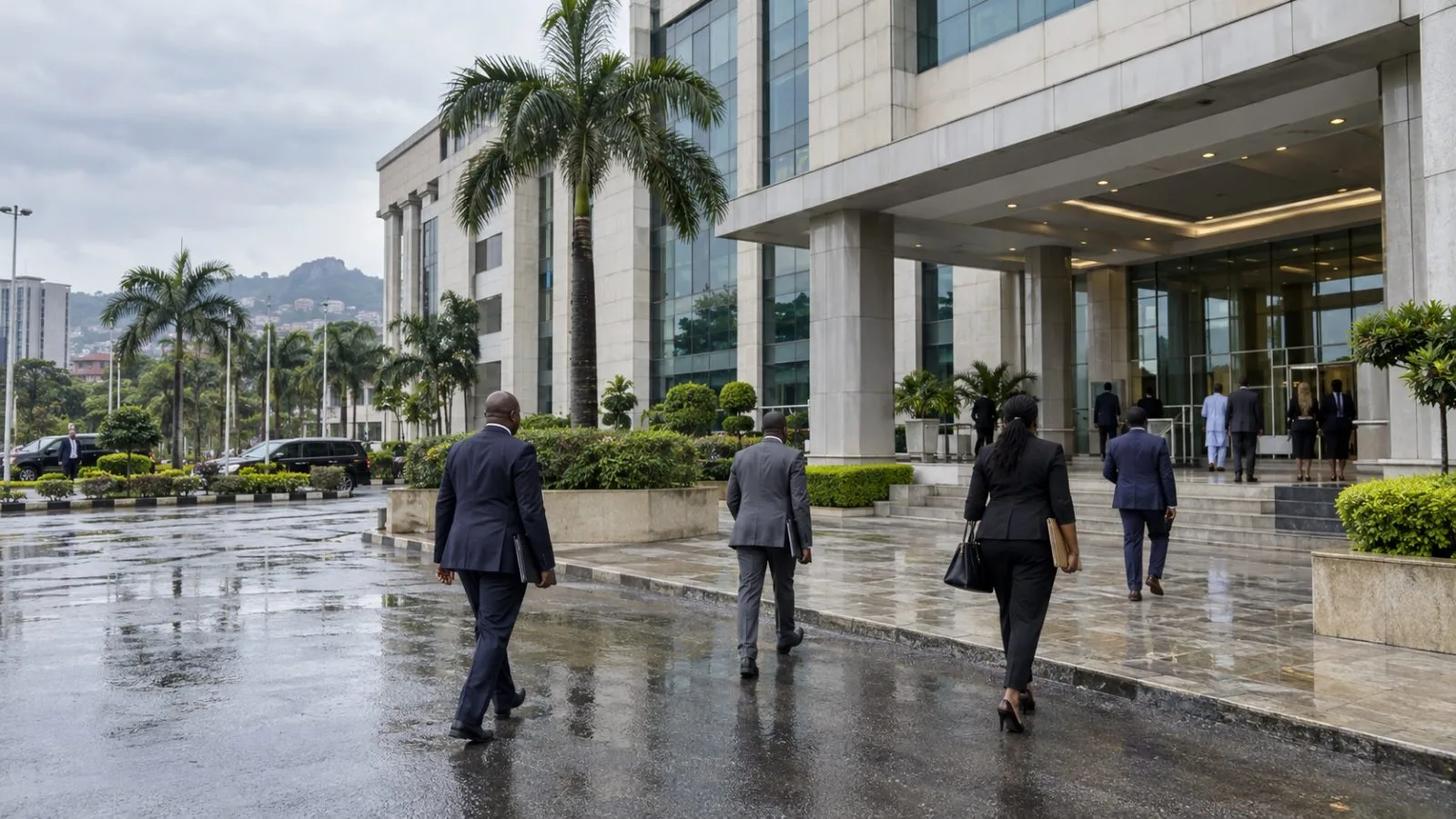 Business representatives enter a government investment office in Abuja, Nigeria. (AI-generated image / EconoTimes)