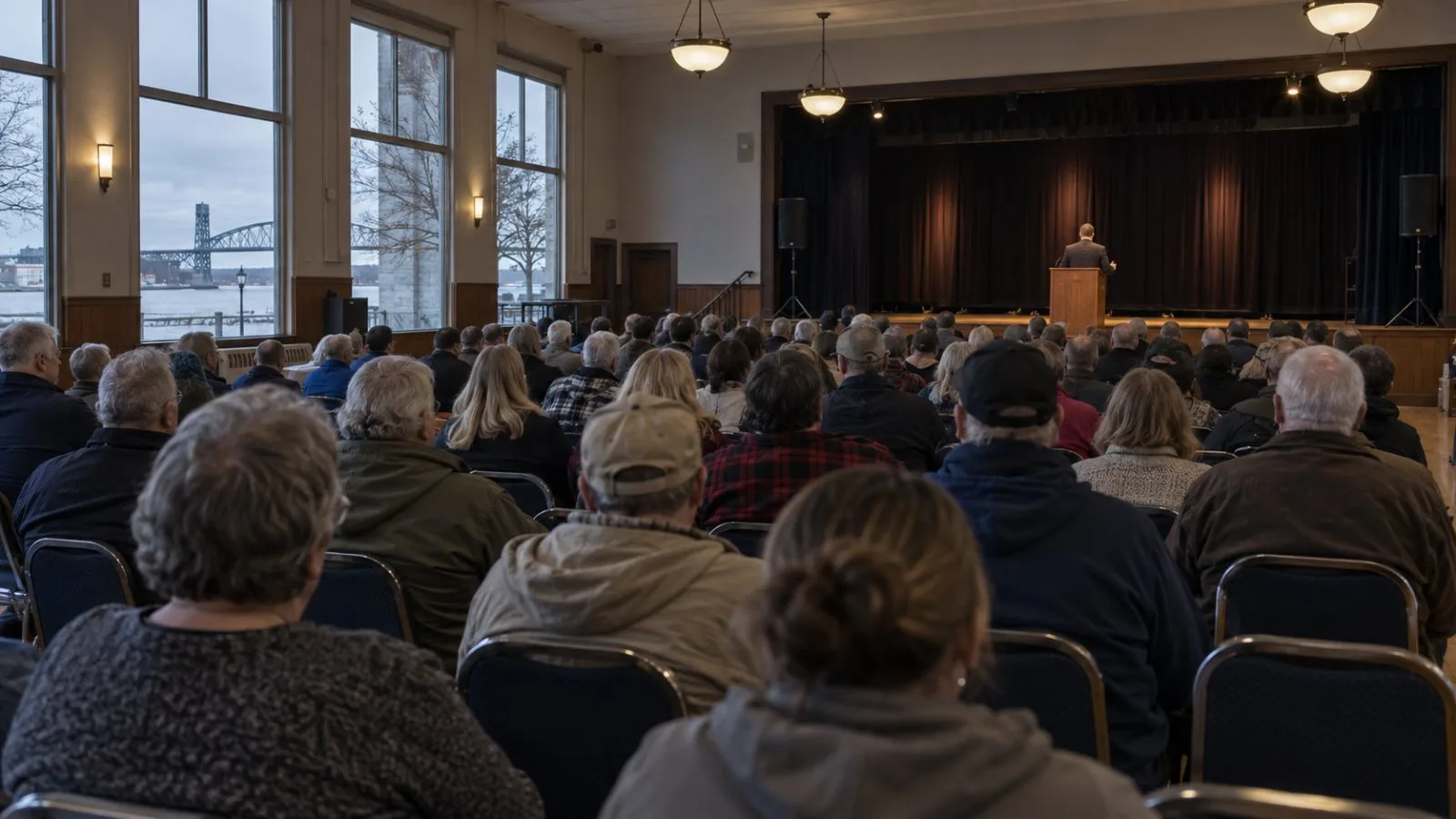 Rally attendees face a speaker at an indoor event in Port Huron, Michigan. (AI-generated image / EconoTimes)