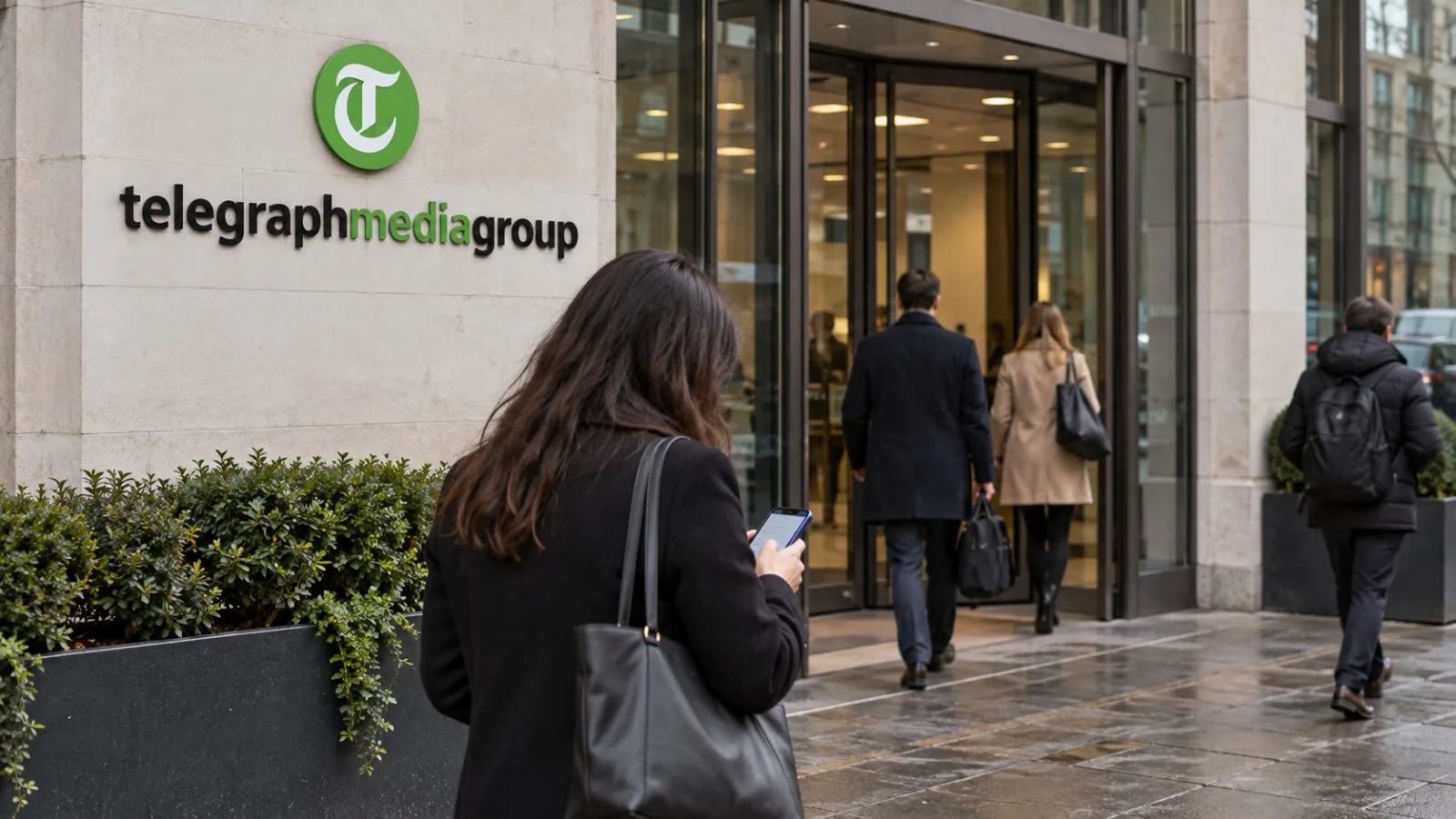Employees pass the entrance to Telegraph Media Group’s offices in London. / EconoTimes.ai
