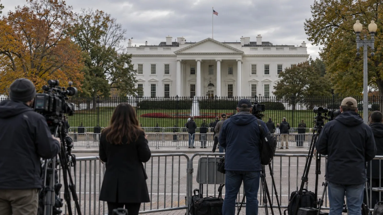 Reporters wait outside the White House in Washington on an overcast afternoon. (AI-generated image / EconoTimes)