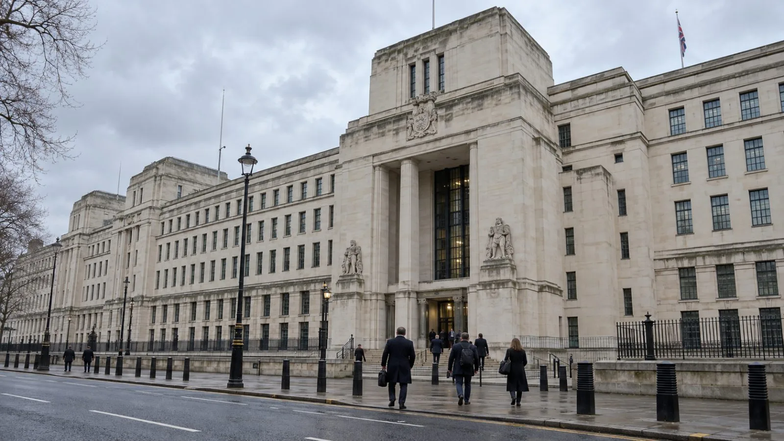 The UK Ministry of Defence building stands in central London on an overcast morning (AI-generated image / EconoTimes)