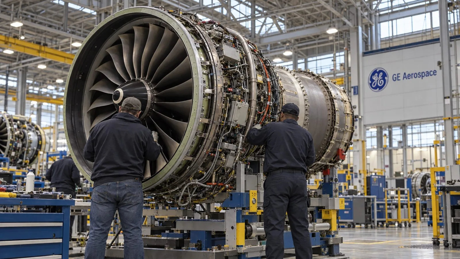 Workers inspect a commercial aircraft engine inside a plant in Evendale, Ohio. / EconoTimes.ai