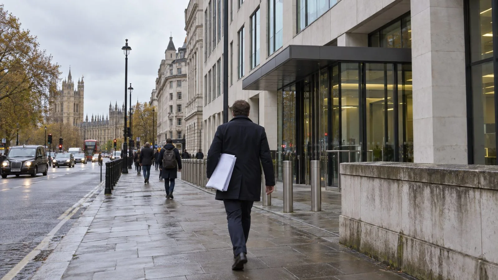 A passerby walks outside the Ministry of Housing, Communities and Local Government in London. / EconoTimes.ai