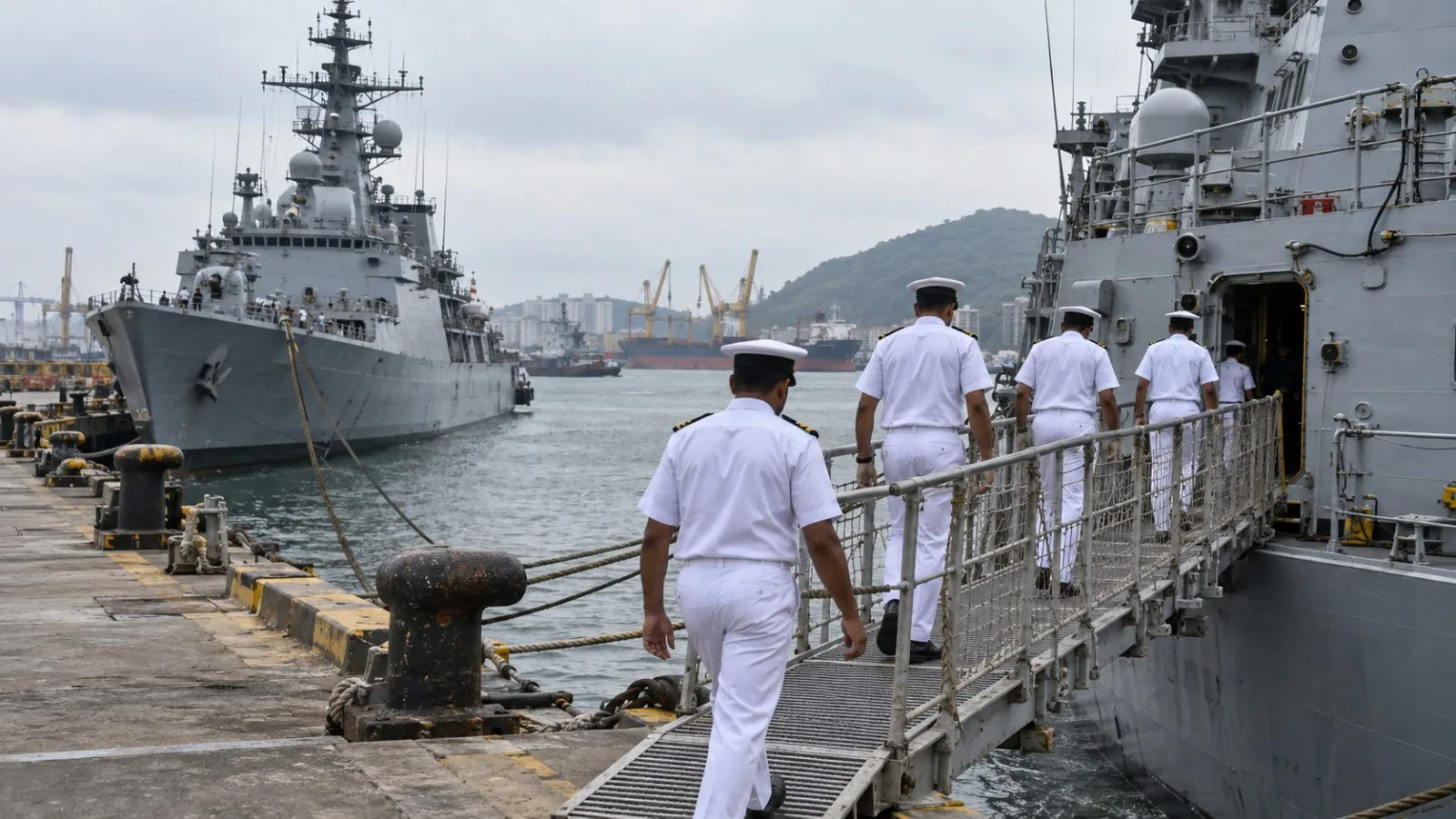 Naval ships sit along the quay at Visakhapatnam harbor, India. (AI-generated image / EconoTimes)
