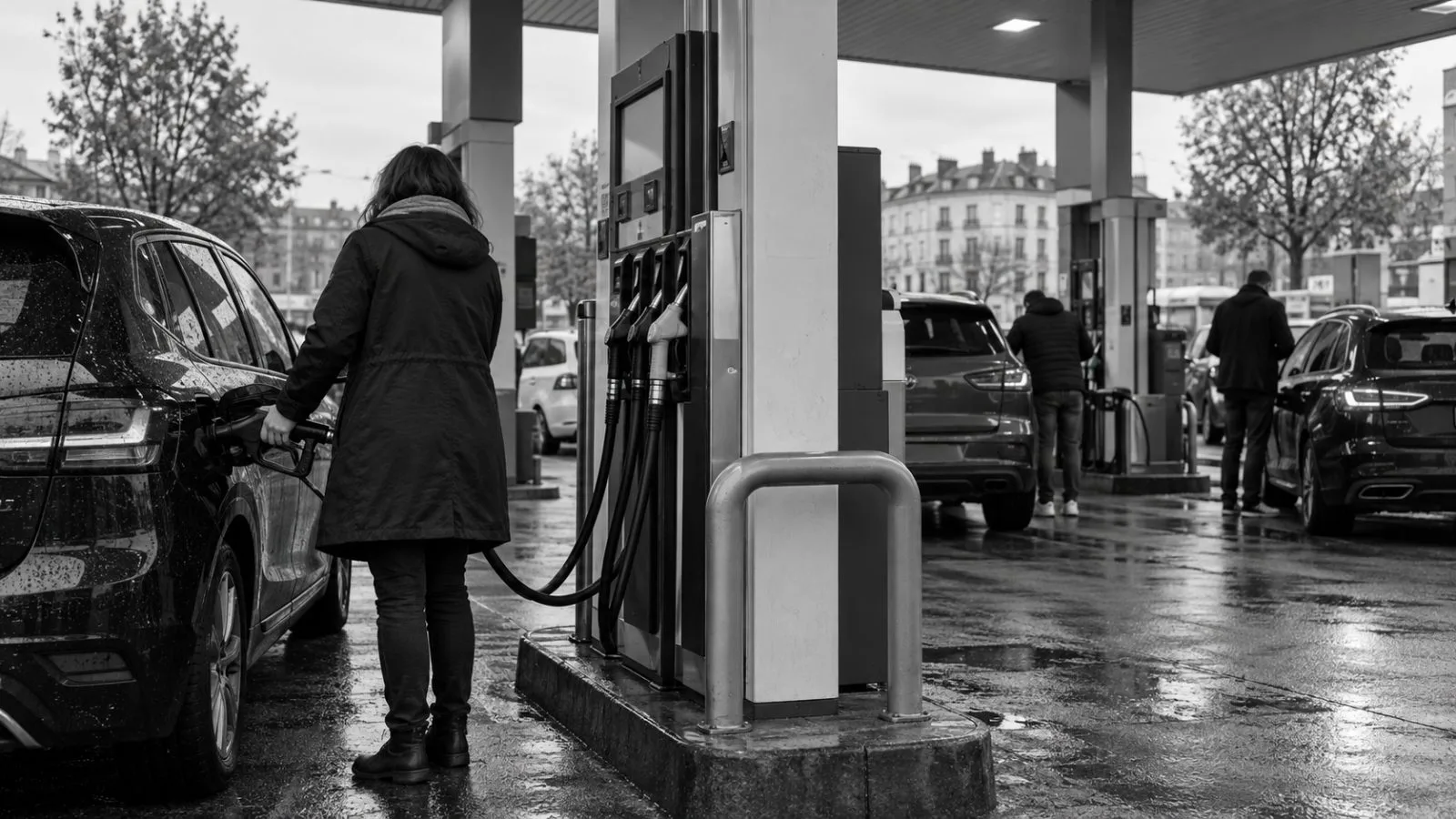Motorists refuel their cars at a petrol station in Brussels on an overcast morning. (AI-generated image / EconoTimes)