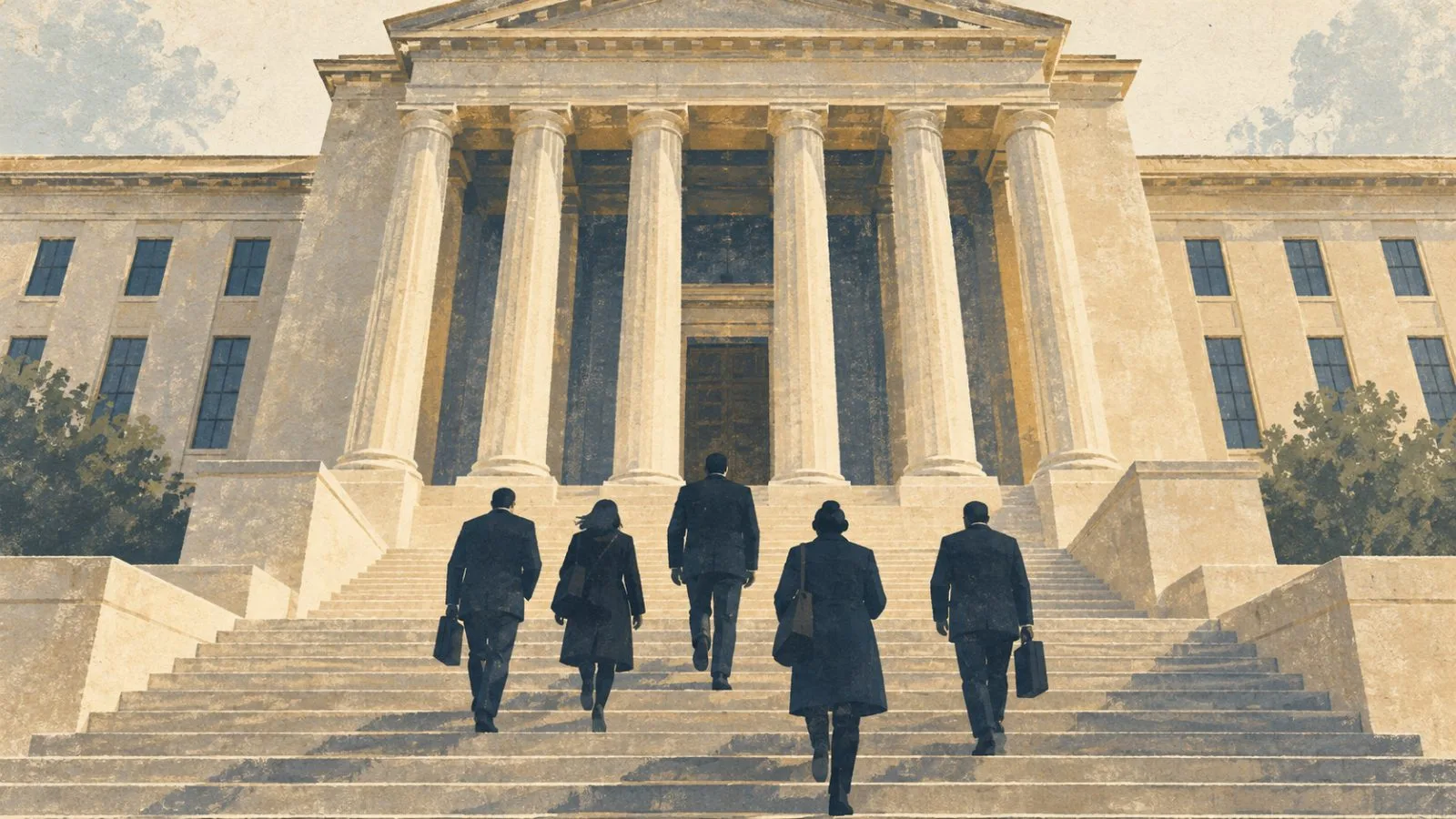 Pedestrians pass the Justice Department headquarters in Washington, D.C., under overcast skies. / TokenPost.ai